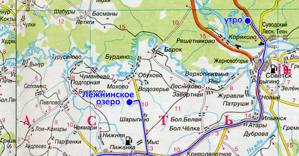 Карта пижанка кировской. Советск озеро Лежнинское. Лежнинское озеро Кировская область. Советск Кировская область карта.