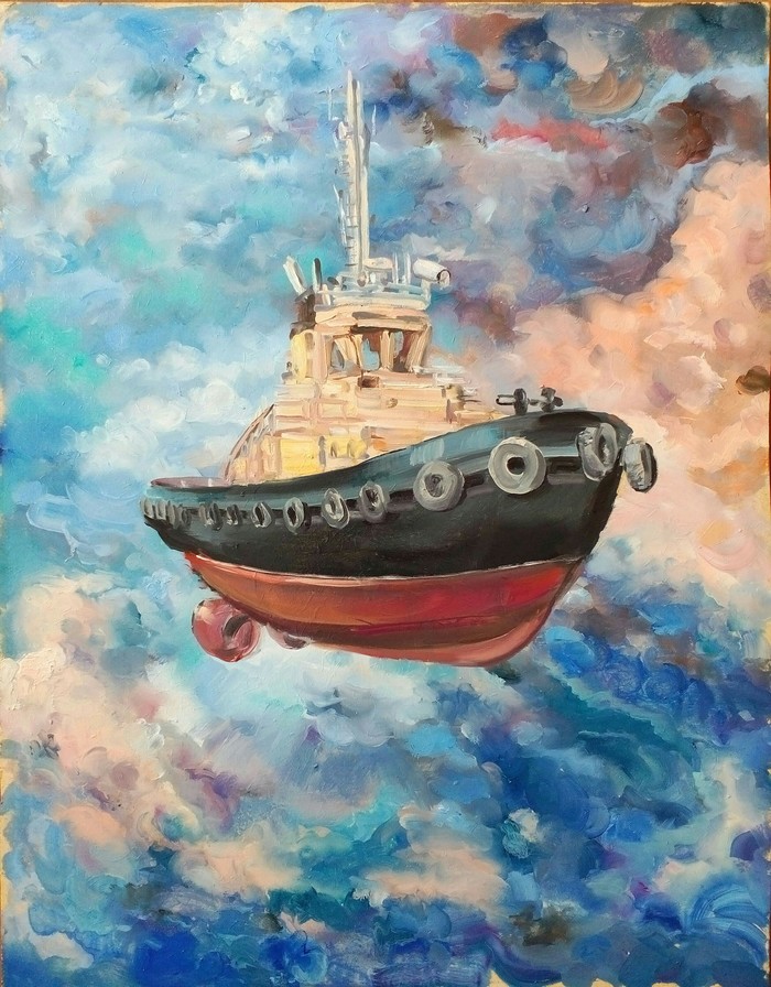 Goodbye Earth .. good luck! or Azimuthal tug Sharp oil hardboard 47/61 - My, Tow, Oil painting, Klimov, Sky, Vessel, Painting, Butter