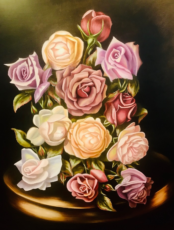 Why I started drawing. - My, Self-taught, Oil painting, Flowers, the Rose, dark background, Painting, Longpost, Painting, Butter