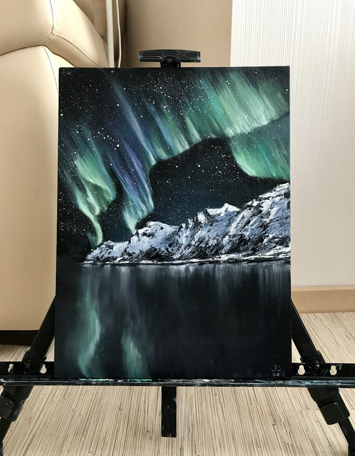 Space, oil on canvas - Stars, The mountains, Polar Lights, Sky, Stars, Oil painting, Longpost, Painting, Butter, Space, My