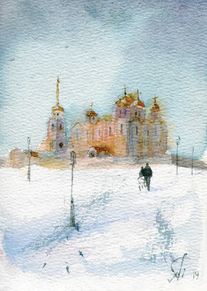 Walk - My, Watercolor, Winter, Landscape, Drawing, Walk, Snow, Temple