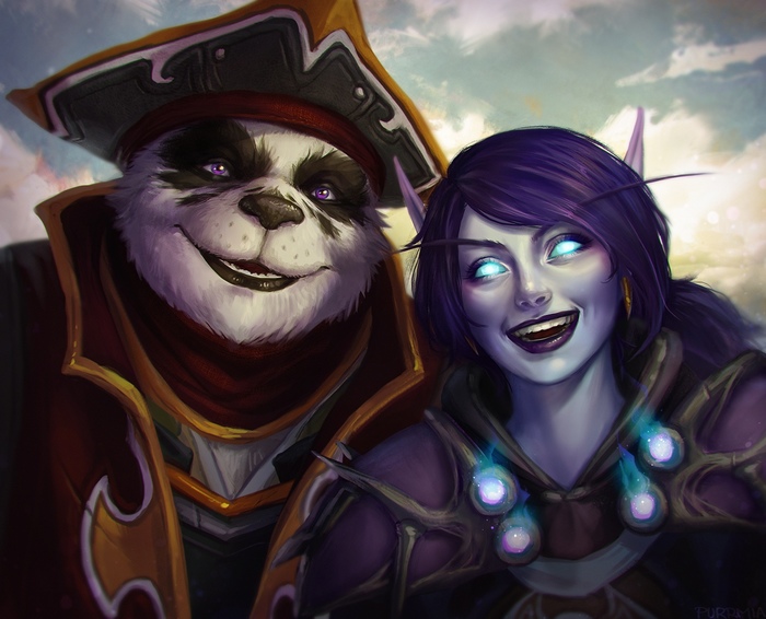 In the universe of the craft of war, friendly smiles are doubly valued. - Wow, Warcraft, Art, Pandaren, Night elfs