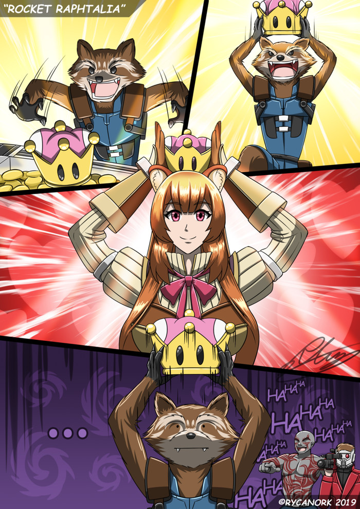 Rocket and crown - Crossover, Tate no Yuusha no Nariagari, Guardians of the Galaxy, Raphtalia, Anime, Raccoon Rocket, Super crown, Comics