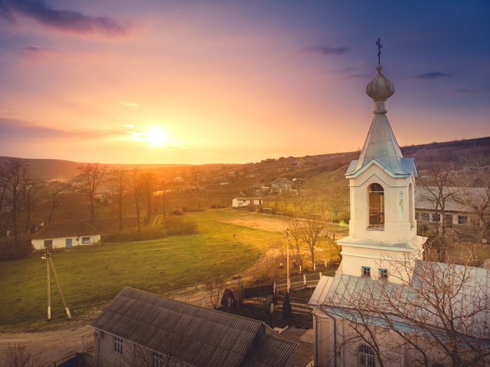 Church at sunset - My, The photo, Drone, Sunset, Moldova