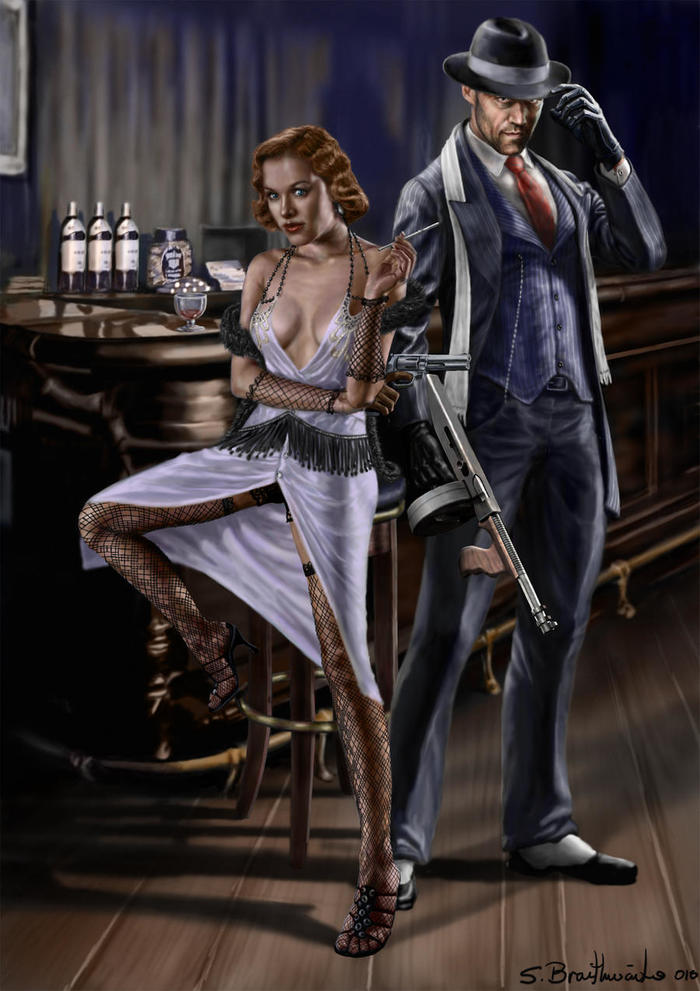 Gangsters - Art, Drawing, Gangsters, , Revolver, USA, , Thompson submachine gun