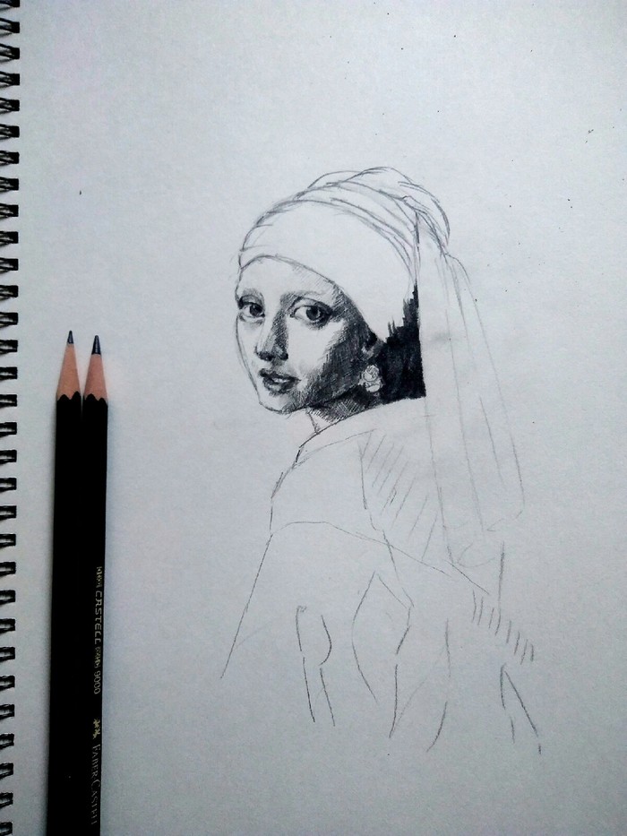 Trying to touch art - My, Drawing, Pencil drawing, Longpost, Sketch, Sketch, Portrait, Girls, Girl with a pearl earring, Jan Vermeer