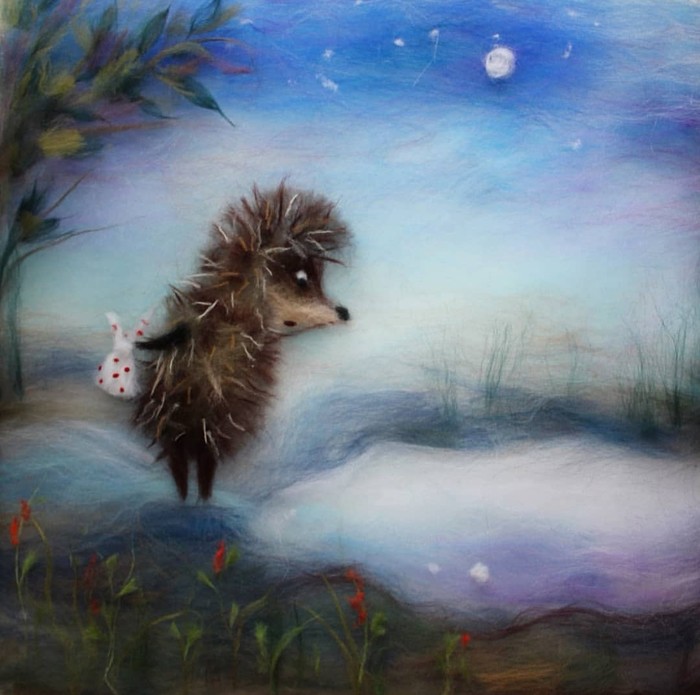 Hedgehog in the fog (wool watercolor) - My, , Hedgehog in the fog, Dry felting, Needlework without process, Wool painting