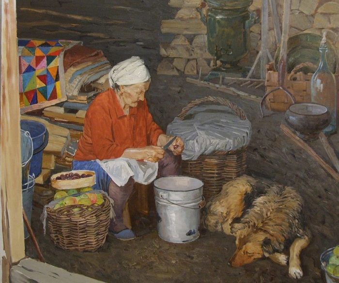 Village motifs - Painting, Village, Dog, Grandmother, 