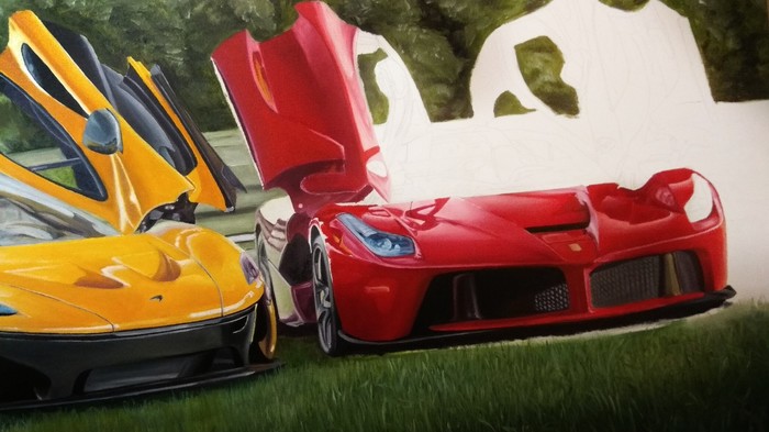 Oil painting of two supercars McLaren P1 & Ferrari LaFerrari size (1000*1700mm) - My, Supercar, Ferrari, Mclaren, Oil painting, Ferrari laferrari, Mclaren P1, Longpost