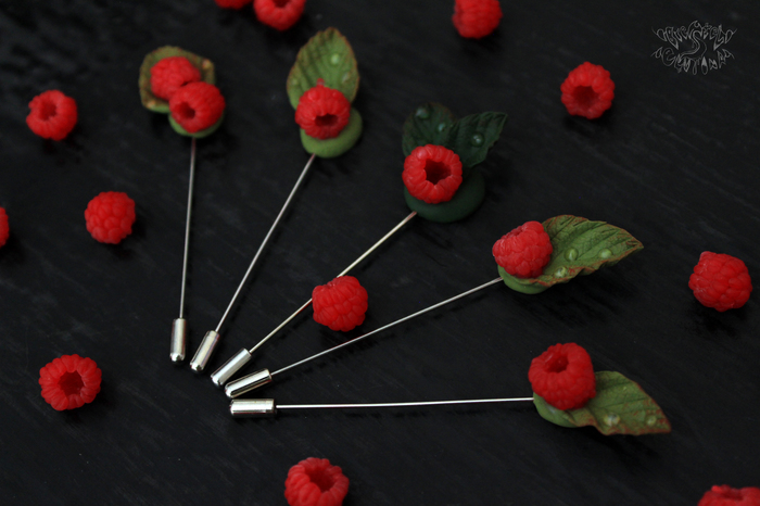 Brooches with raspberries made of polymer clay - My, Polymer clay, Raspberries, Brooch