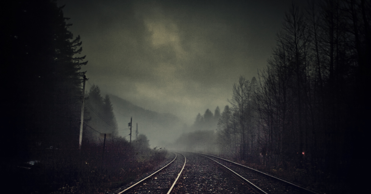 Поезд в темноте. Железная дорога в лесу. Рельсы в лесу. Рельсы в тумане. Мрачная железная дорога.