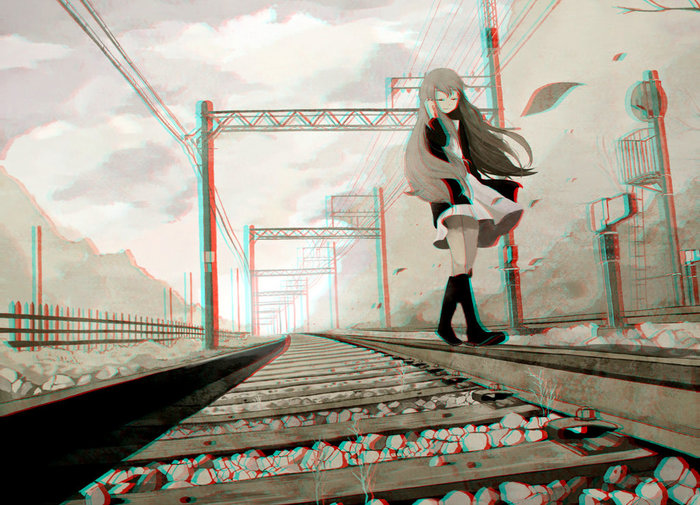 Walk on the railroad - Anime art, Anime original, Anime, Art, Beautiful girl, Girls, Railway, Rails