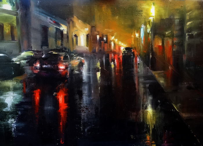 Night. Road. Flashlight. Car - My, Art, Painting, Night