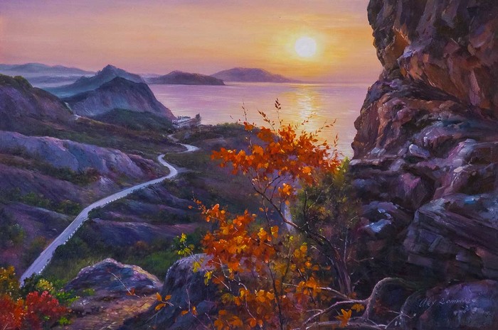 Sunset among the mountains - Painting, Landscape, The mountains, Crimea, Sea, Sunset, Art, Oil painting