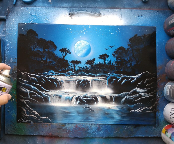 Процесс создания картины в технике Spray paint art Spray Art, Видео, Влюбленные, Луна, Длиннопост, Картина, Пейзаж, Вода, Космос