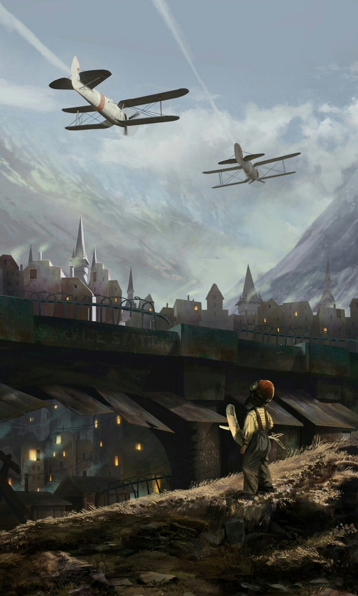 young dreamer - Town, Airplane, The mountains, Drawing, Art, Dream, Aviation, Children