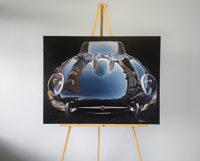 Picture Jaguar e-type - My, Oil painting, Painting, Mixed media, Butter, Acrylic, Photorealism, Auto, Jaguar E-type