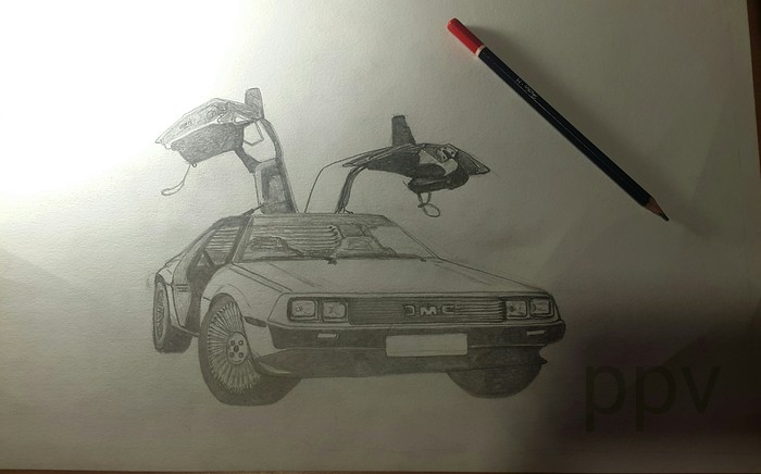 DeLorean DMC-12 - My, Pencil drawing, 