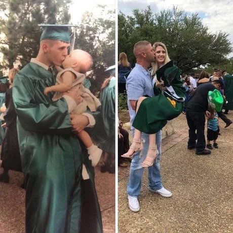 He took his daughter to his graduation and 18 years later he proudly accompanied his daughter to her graduation - Father, Daughter, High school graduation, Through time, The photo
