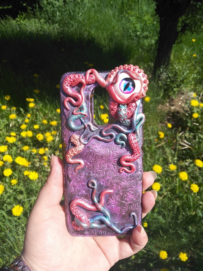 DIY phone case made of polymer clay - My, Polymer clay, Tentacles, Eyes, Handmade, Case for phone, Longpost