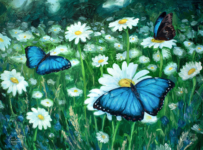 Memories of summer (paper, acrylic, 30x40 cm) - My, Painting, Acrylic, Butterfly, Painting, Art, Longpost, Chamomile, Wildflowers, Flowers
