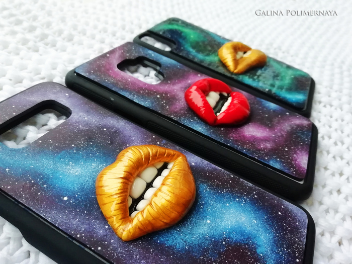 A series of cases for smartphones Voice of the Universe - My, Case, Space, Lips, Handmade, Needlework without process, Painting, Polymer clay, Longpost
