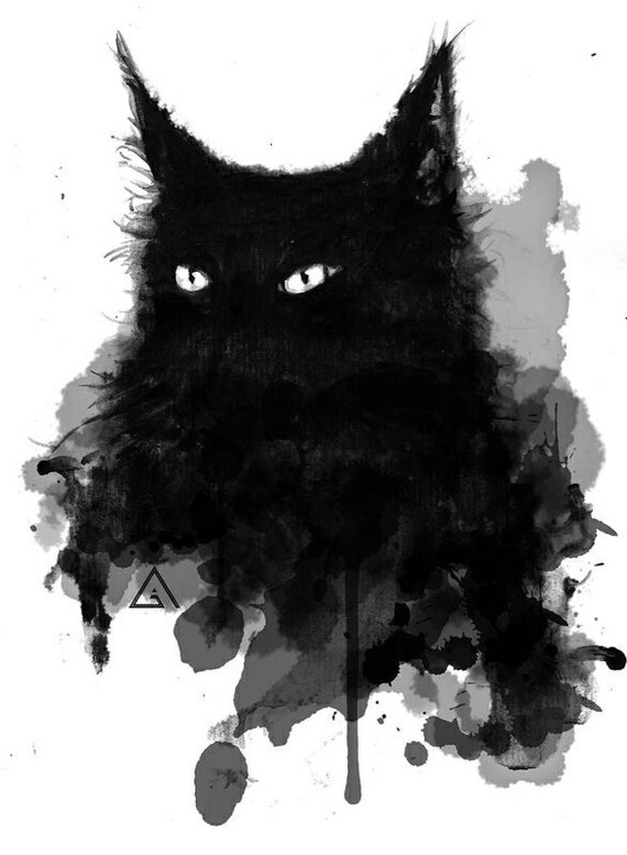 Blot - cat, Catomafia, Black cat, Art, Black and white, Watercolor