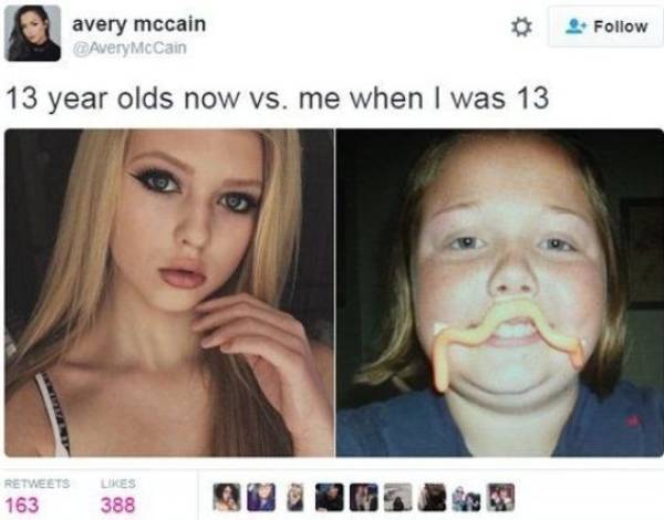 Modern 13 year olds and me when I was 13 - Comparison, 13 years old, Picture with text, Twitter, Screenshot