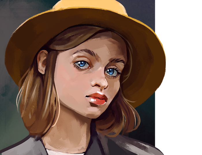 Portrait of a girl in a hat - My, Art, Portrait by photo, Photoshop, Drawing, Video, Digital drawing, Portrait, Drawing process, Girls