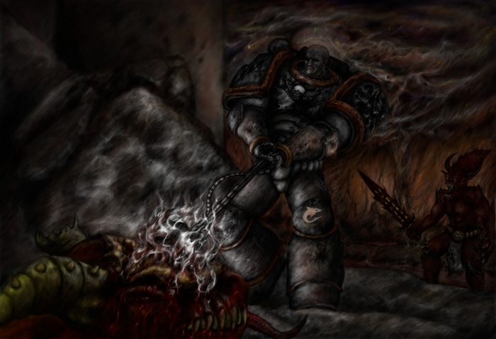 carcharadon - My, Warhammer 40k, Adeptus Astartes, Space Marine, Digital drawing, Demon