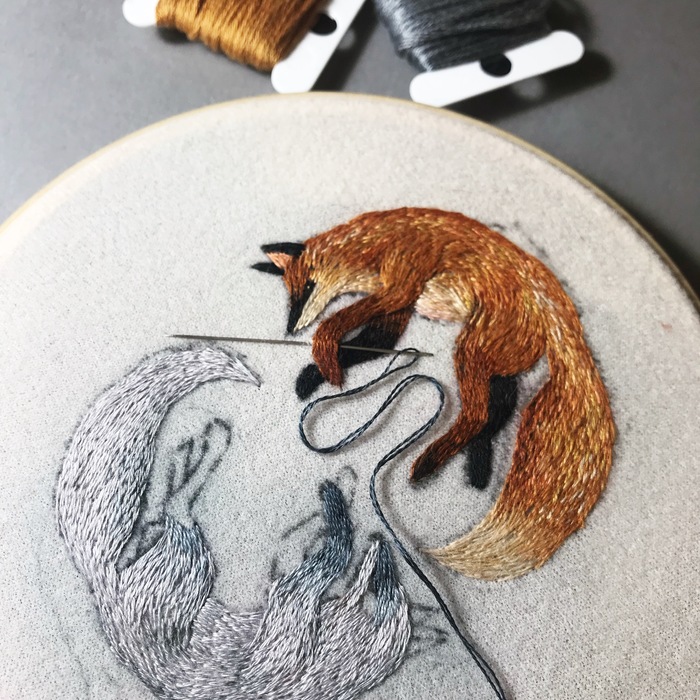 Little fox holding a sewing needle - My, Satin stitch embroidery, Fox, Longpost