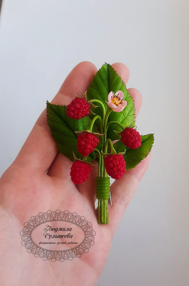 Brooch Malinka made of cold porcelain - Raspberries, Handmade, Cold porcelain, Flowers, Creation, Needlework without process, Polymer clay, Brooch, Longpost