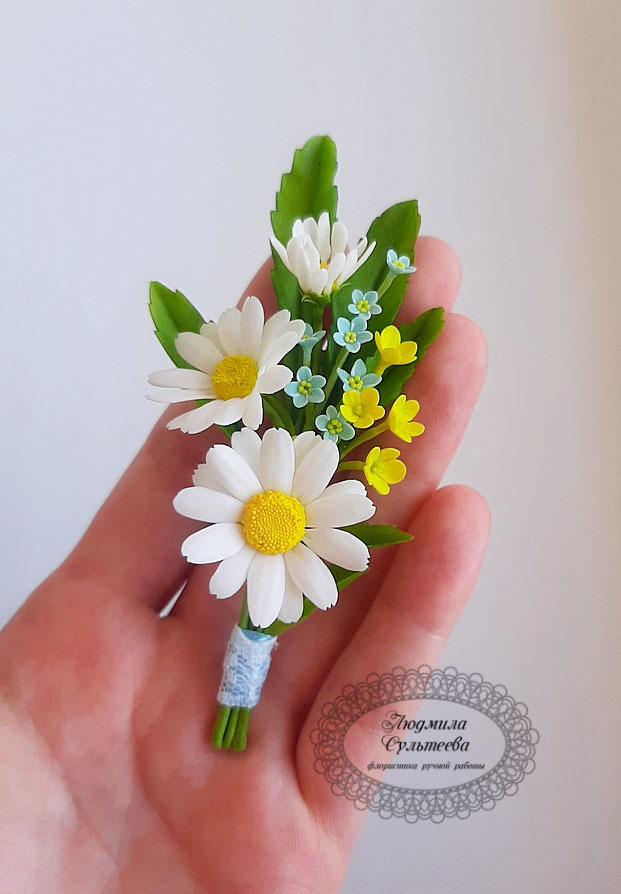 Handmade brooch - Forget-me-nots, Brooch, Polymer clay, Chamomile, Handmade, Needlework without process, Creation, Longpost