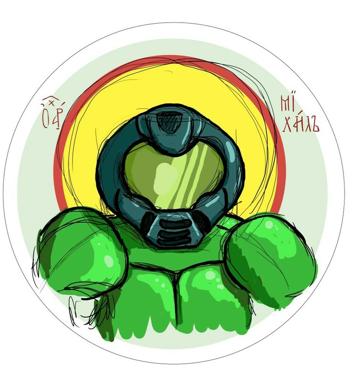 Outline icon DOOM Guy - My, Doomguy, Doom, Photoshop, Digital drawing, Computer games, Religion, Artist, Sketch