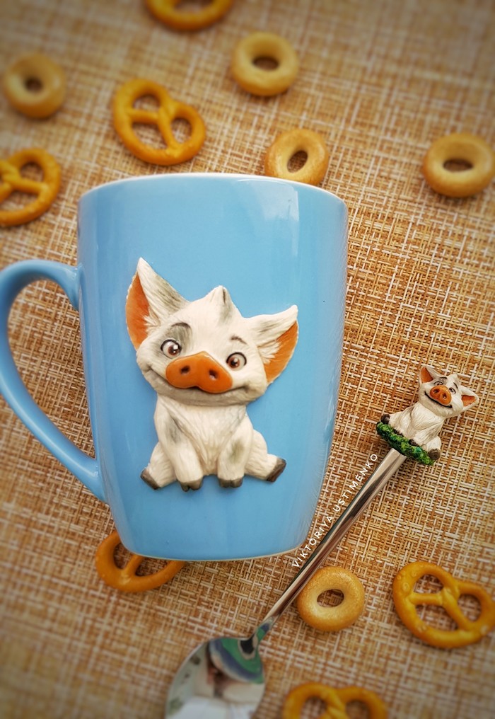 piglet - My, Mug with decor, Polymer clay, Cartoon characters, Needlework without process, A spoon, Longpost