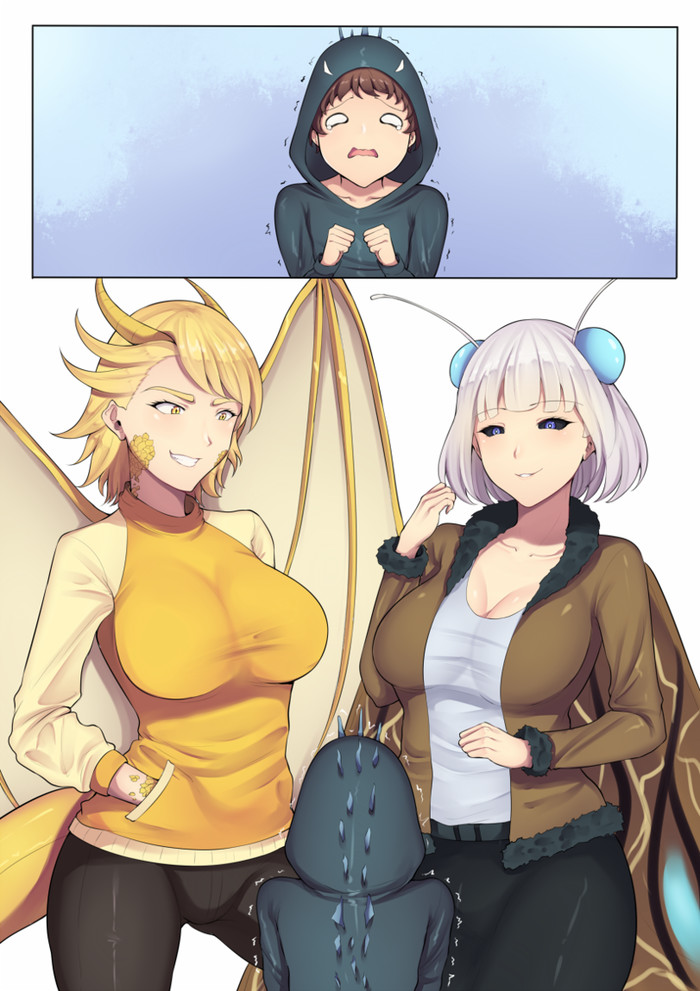 Little Godzilla and his Senpai Ghidorah and Mortra. - Godzilla, King Ghidorah, Anime art, Shotacon, Longpost, Anime, , Humanization