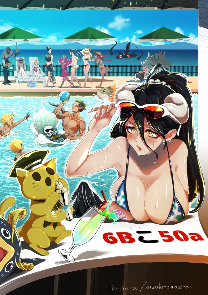 Hot Summer - NSFW, Anime, Anime art, Overlord, Albedo, Swimming pool, Pandoras Actor, Demiurge, Swimsuit