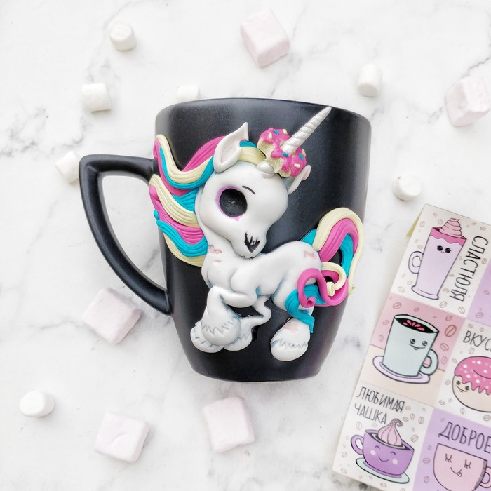 Dead unicorn on mug) - My, Handmade, Polymer clay, Mug with decor, Unusual gifts, Zombie, Unicorn, Video, Longpost