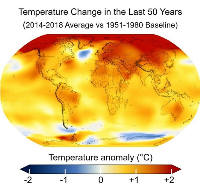 Change in mean annual temperature over the past 50 years - Temperature, World map, Global warming, Peace