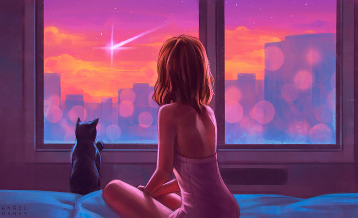 Falling star - Art, Drawing, Falling star, Girls, cat, Angel Ganev, Starfall