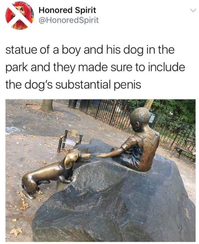 I remember the shepherd dog of the border guard in the sculptural composition of the Moscow metro with a shiny bronze nose) - Dog, Children, The park, Sculpture, Penis, Size matters, Pain