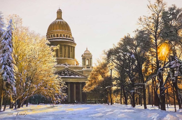 St. Isaac's Cathedral at sunset - Painting, Art, Saint Petersburg, Saint Isaac's Cathedral, Sunset, Landscape, The park