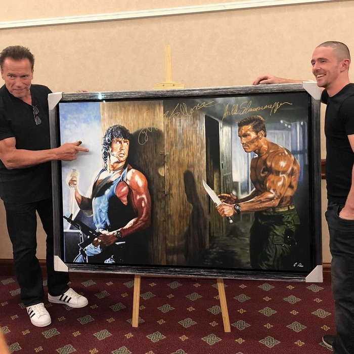Artist Glen Folan paints picture of two action movie legends - Arnold Schwarzenegger, Sylvester Stallone, Celebrities, Rambo, Commando, Interesting, Painting, Artist