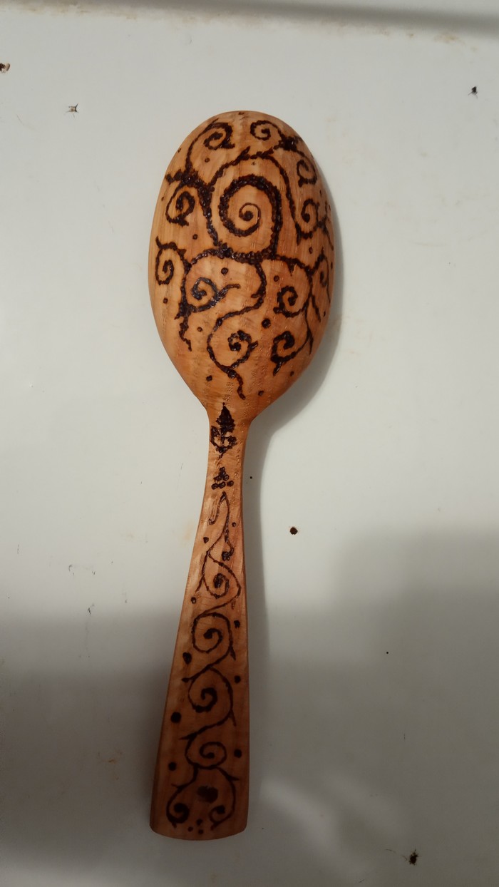 Wooden spoon - My, Friday tag is mine, A spoon, Needlework without process, Wood carving, Pyrography, Longpost