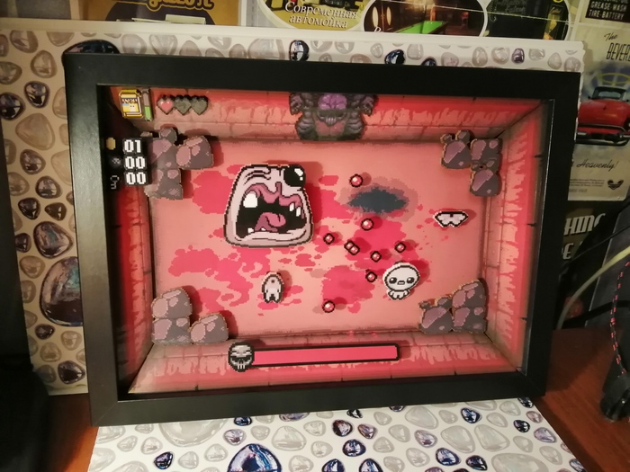 Diorama based on the game the Binding of Isaac: Rebirth - Isaac vs Monstro - My, The binding of isaac, Pixel Art, Shadowbox, Computer games, Craft, Diorama, Video, Longpost