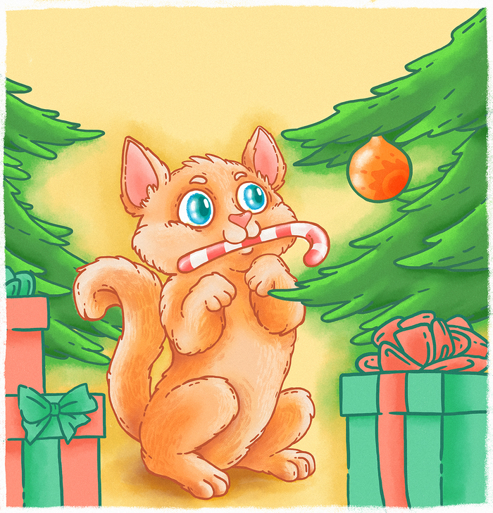 New year cat - My, Art, Beaver draws, Digital drawing, Drawing, New Year, cat, Milota