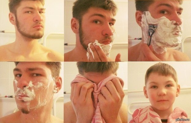 Бритье ребенка. До и после бритья. Мужчина до и после бритья.