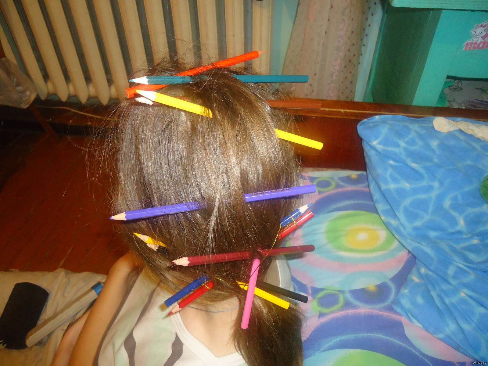 Hairstyle from a young hairdresser - My, Прическа, Pencil, Hair, Head, Kids