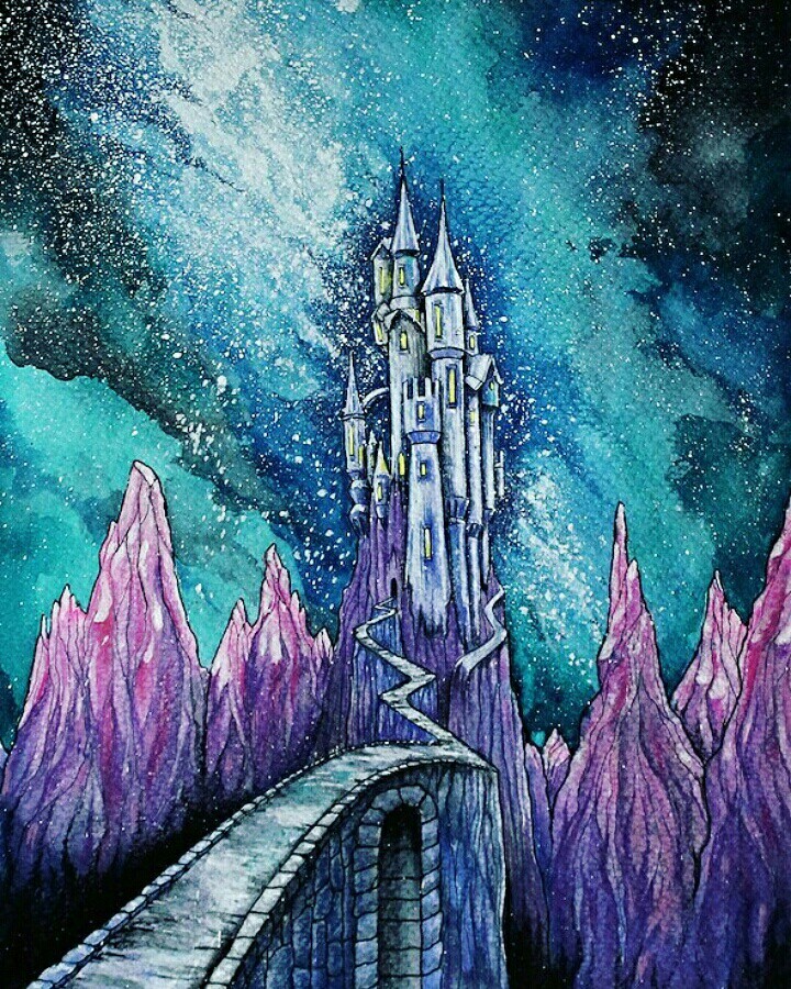 castle on the hill - My, Watercolor, Painting, Art, Lock, Night, The mountains, Fantasy, Starry sky, Longpost