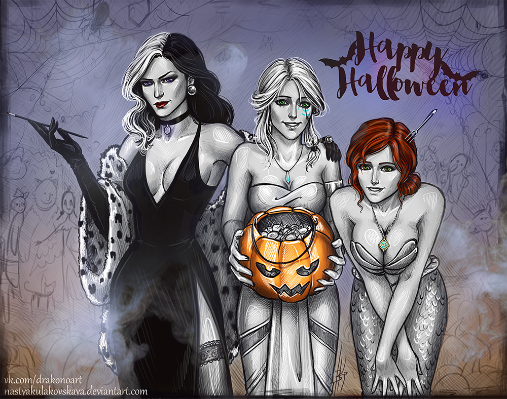 Happy Halloween <3 - My, Triss Merigold, Yennefer, Ciri, Art, Sketch, Witcher, Halloween, Longpost, Anastasia Kulakovskaya